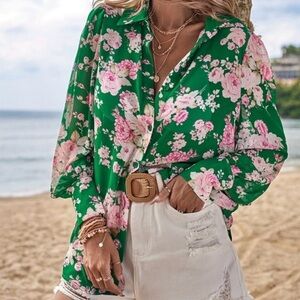 Women’s Shein Green Floral Long Sleeve Sheer Button Down Blouse Size L